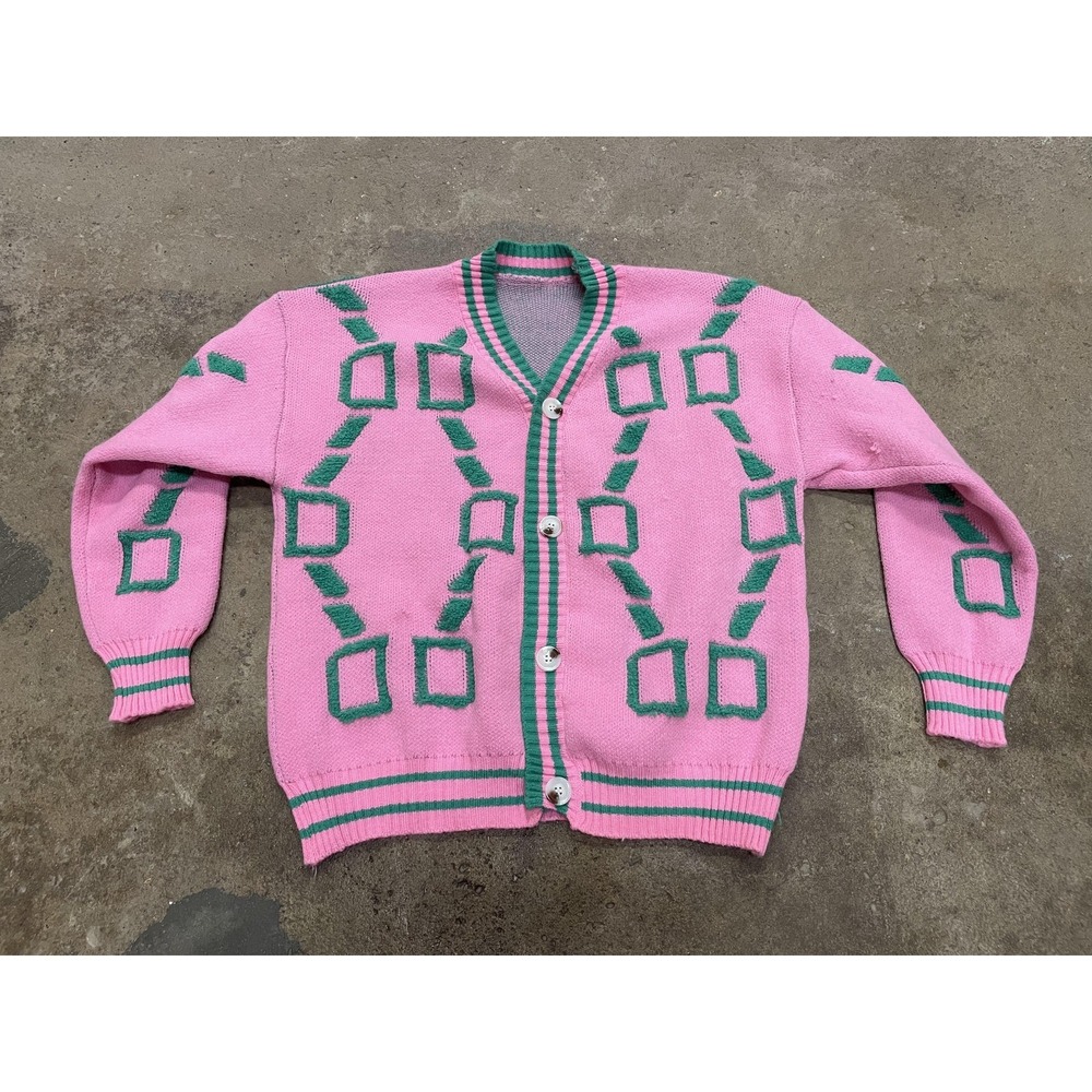 Cardigan Sweater Womens L Pink Green Geometric Button Front V Neck Long Sleeve